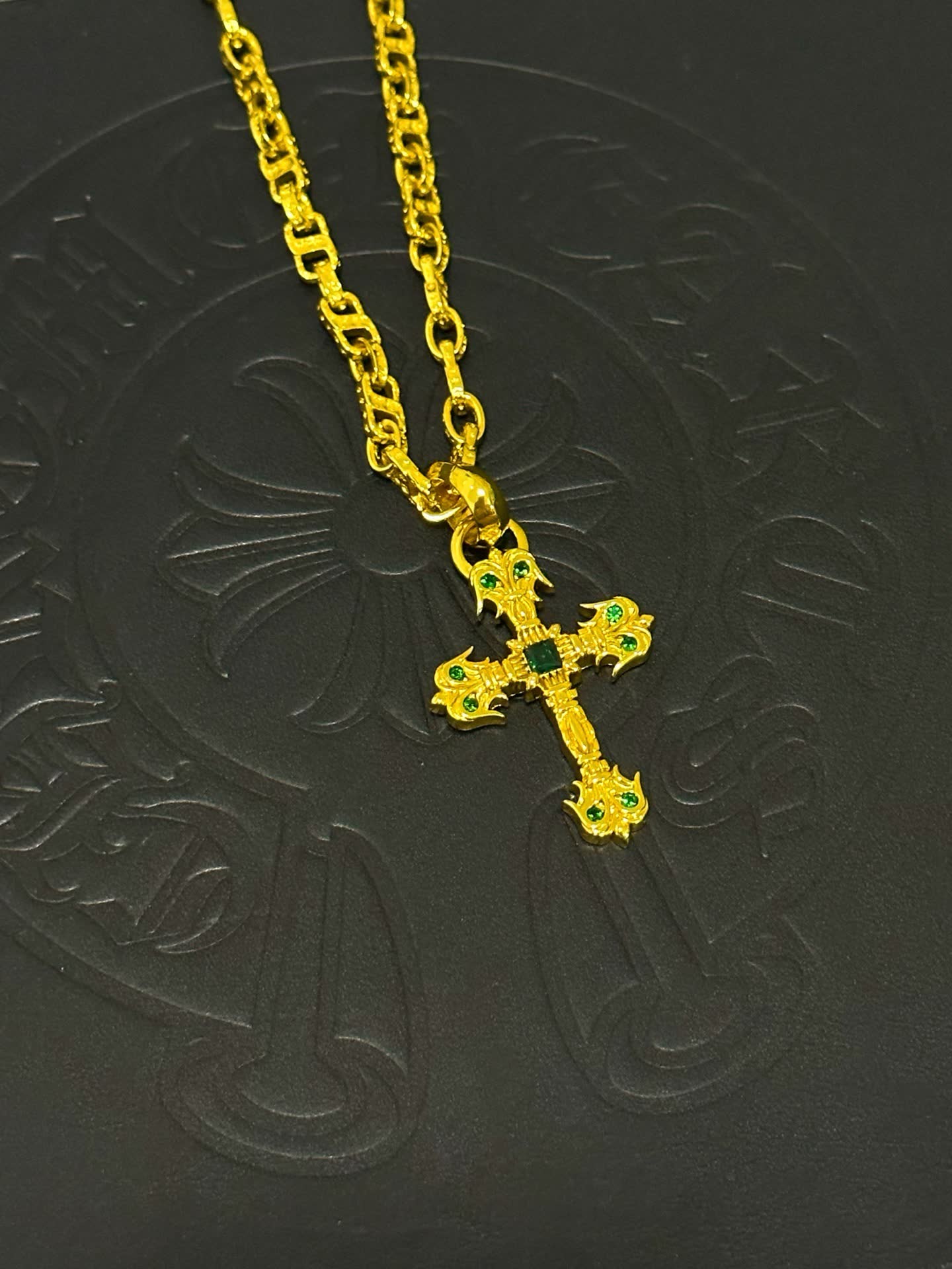 Chrome Hearts Gold-Plated Cross Pendant Necklace with Emerald Accents